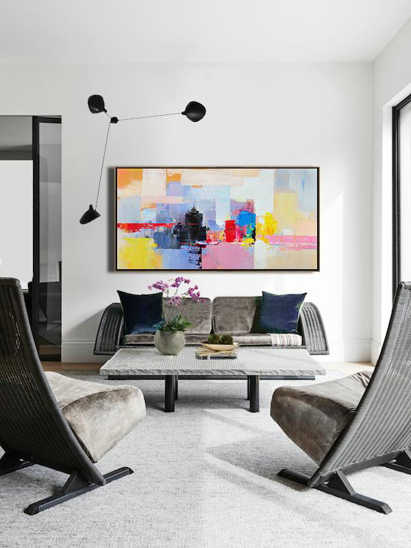 Oversized Canvas Art On Canvas,Horizontal Palette Knife Contemporary Art Panoramic Canvas Painting,Big Art Canvas,Black,Pink,Yellow,Red,Blue.etc